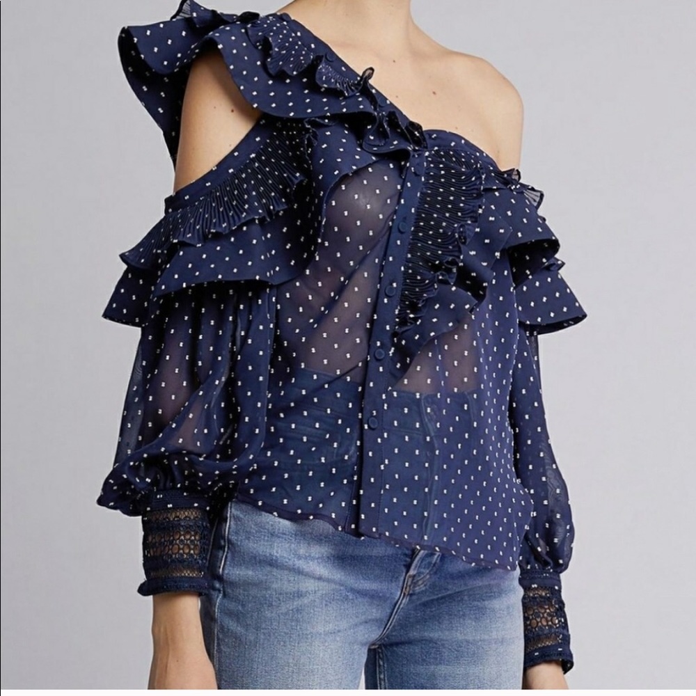 Self-Portrait One-shoulder Plumetis Ruffled Top